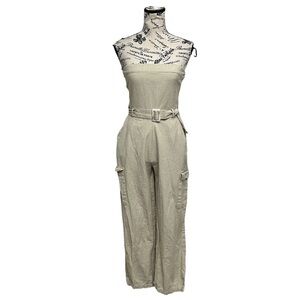Sim & Sam Women's Beige cargo  Jumpsuit Linen Sz S Beach Boho Granola Girl Norm